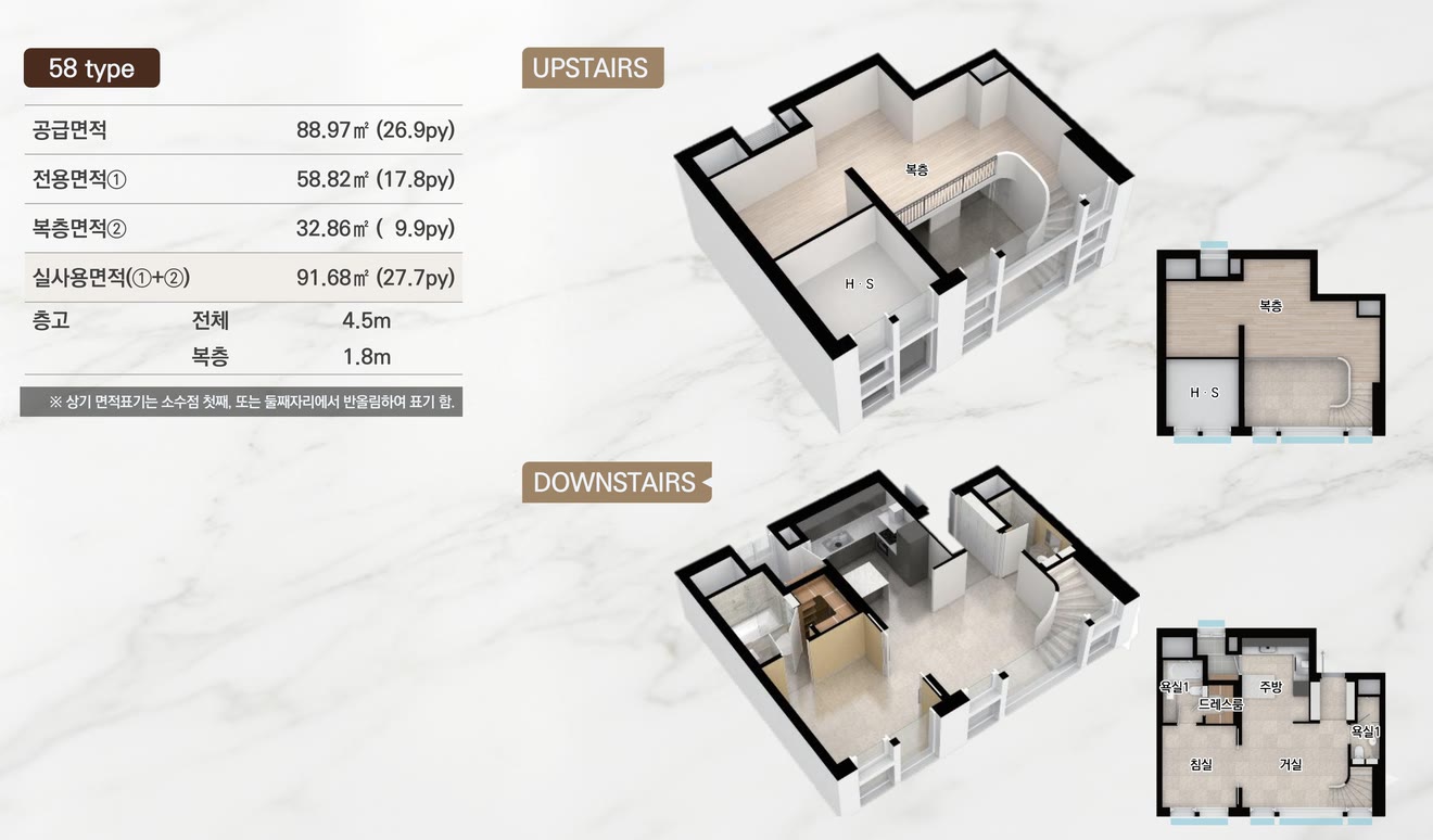 58 TYPE — 공급 88.97㎡ · 전용 58.82㎡ · 복층 32.86㎡ · 실사용 91.68㎡ · 층고 4.5m(복층 1.8m), 상층·하층 아이소와 평면