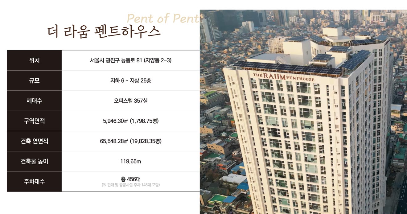 더 라움 펜트하우스 사업개요 — 위치 서울시 광진구 능동로 81(자양동 2-3), 규모 지하 6~지상 25층, 오피스텔 357실, 구역면적 5,946.30㎡, 건축 연면적 65,548.28㎡, 건축물 높이 119.65m, 주차 총 456대와 준공 건물 항공 사진